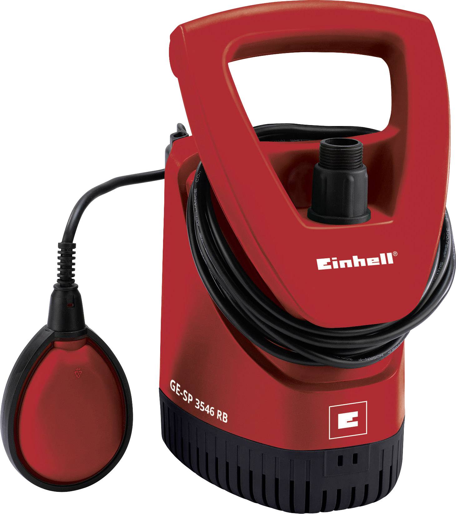 Červené ponorné čerpadlo s rukojetí, logem Einhell, kabelem a plovákovou regulací. Model 'GE-SP 3546 RB', vhodný pro čerpání vody.