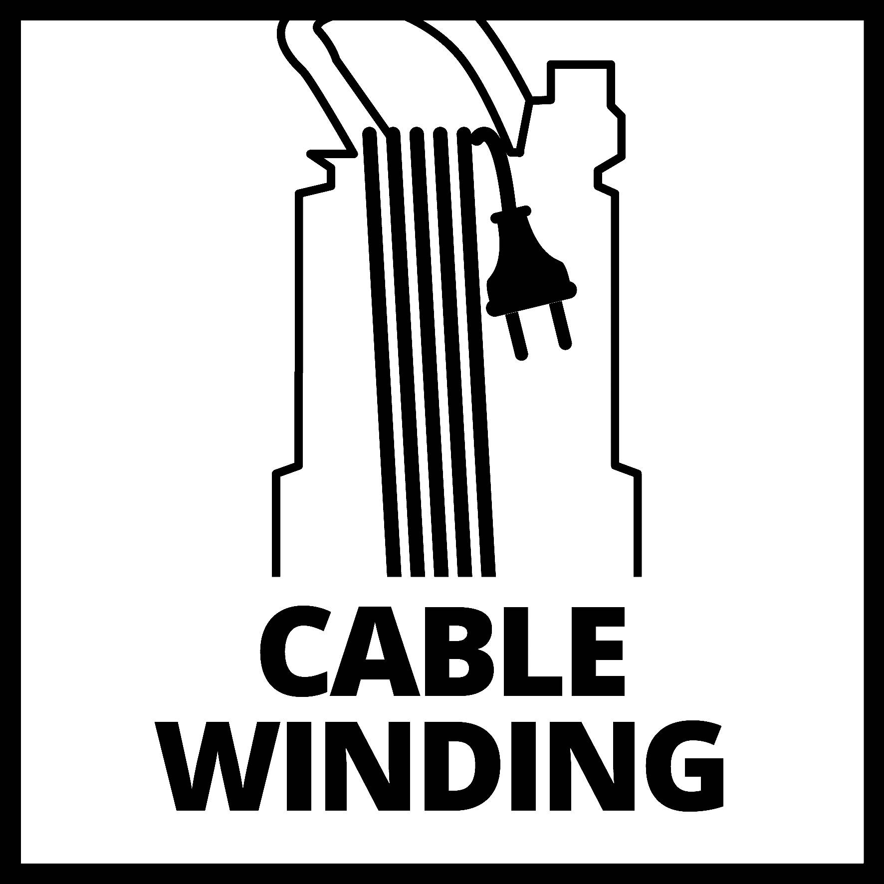 Elektrický symbol: Cívka s připojovacím kabelem nad obdélníkovým pouzdrem. Pod ním nápis 'NAVÍJENÍ KABELU'.