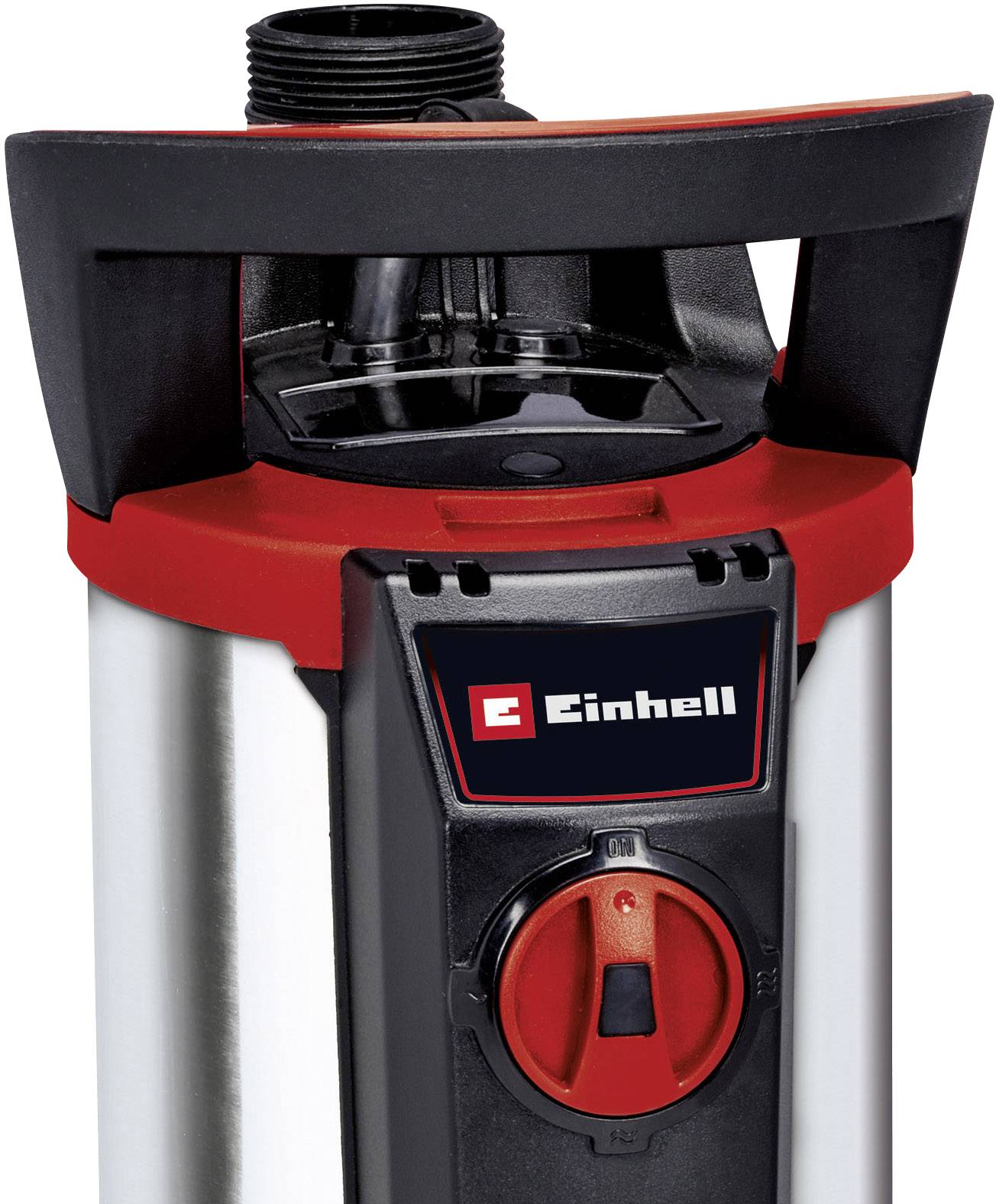 Vodní čerpadlo 'Einhell' s červenou rukojetí a černým ovládáním, vhodné pro domácí vodárny.