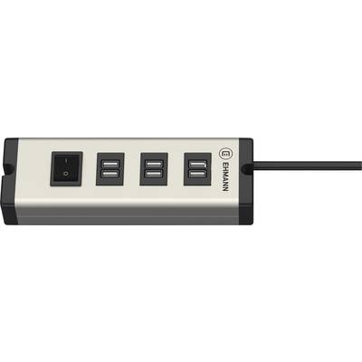 Prodlužovací lišta s vypínačem a čtyřmi USB porty, stříbrné tělo, černý kabel; logo značky 'Ehmann' umístěné vpravo vedle portů.