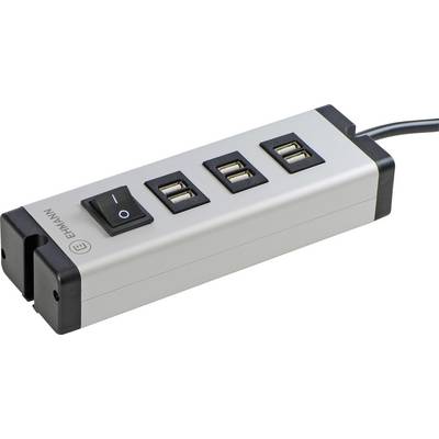 'Hliníková zásuvková lišta se třemi USB porty a vypínačem, vhodná pro kancelářské nebo domácí použití.'