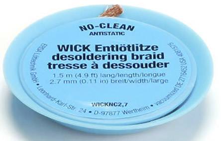 Modrá role beztavinové odsávací pásky, 1,5 m dlouhá, 2,7 mm široká. Značka Wick, antistatická.