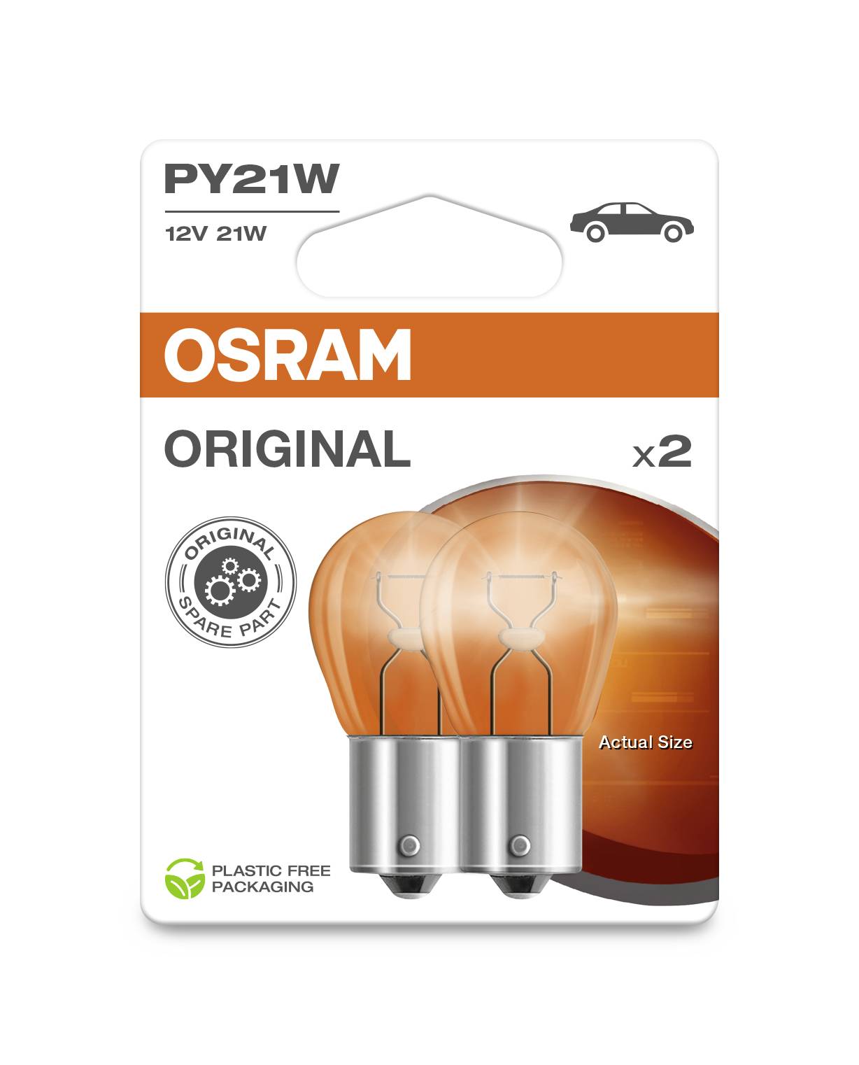 'OSRAM Original' autožárovka, 2x 12V 21W PY21W žárovky, balení bez plastů, náhradní díl pro automobilové světlomety.