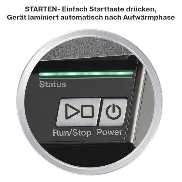 'Spuštění - Jednoduše stiskněte tlačítko Start, přístroj laminuje automaticky po fázi zahřívání.' zobrazuje zelenou stavovou kontrolku a ovládací tlačítka.