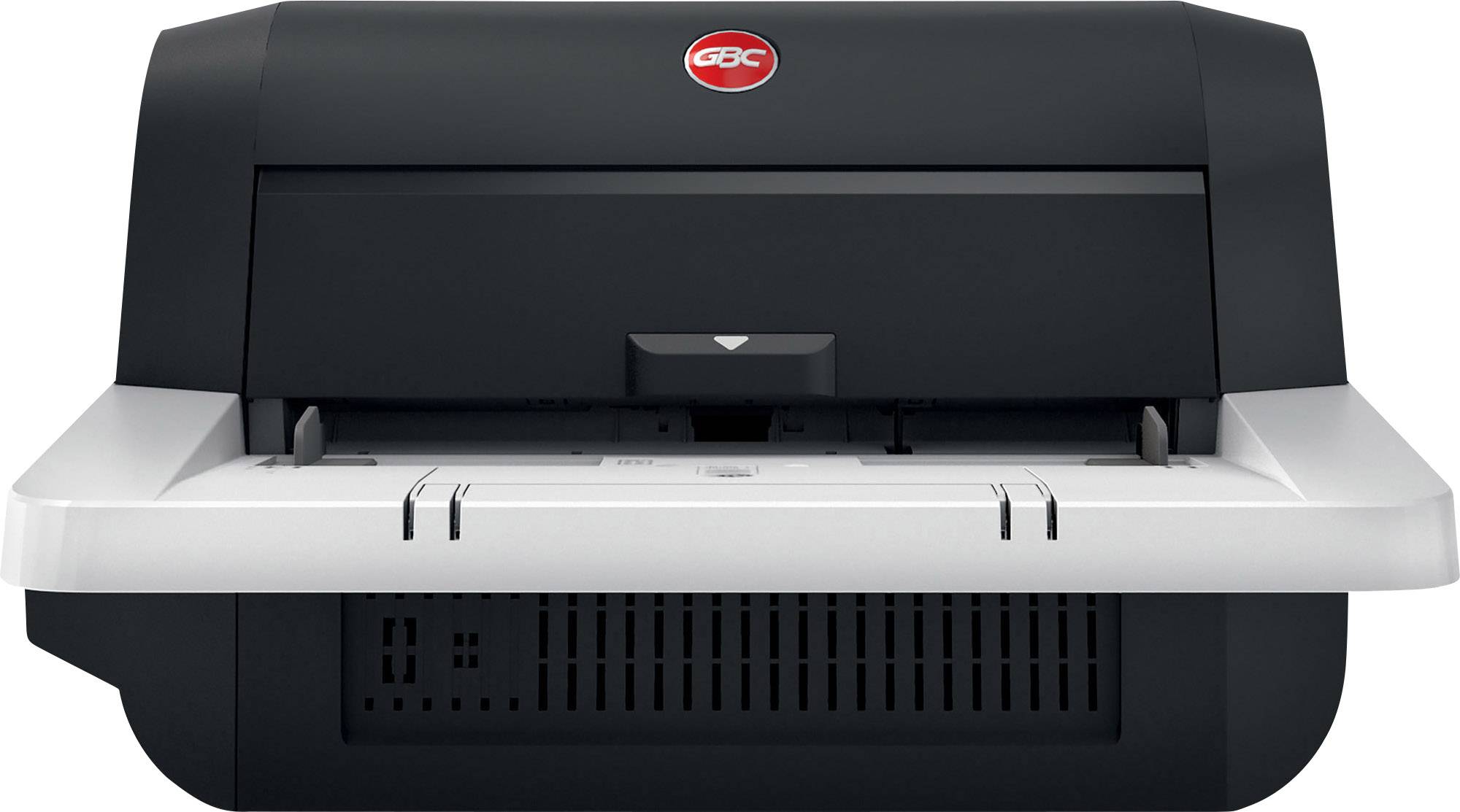 Černý laminátor s červeným logem GBC nahoře; pohled zepředu ukazuje vstup papíru a ovládací panel.