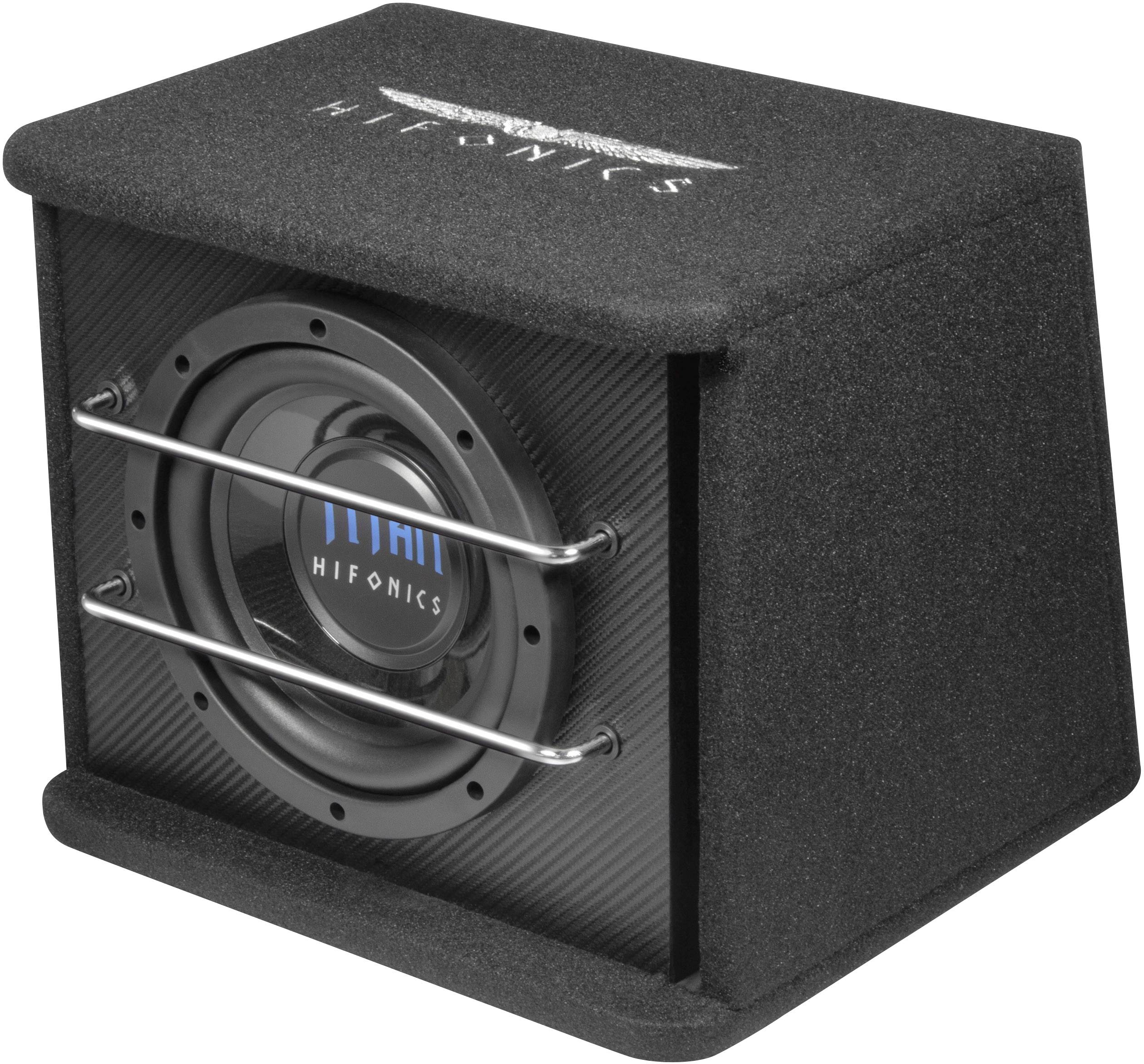 Černý subwoofer s nápisem 'Hifonics', chráněný dvěma kovovými vzpěrami, umístěný v obdélníkové skříni.
