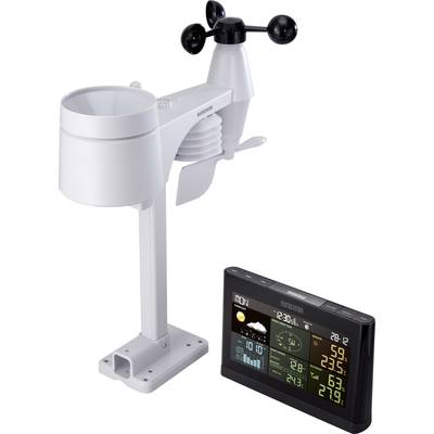 Meteorologická stanice s anemometrem, srážkoměrem a digitálním displejem. Zobrazuje teplotu, vlhkost vzduchu a meteorologické údaje.