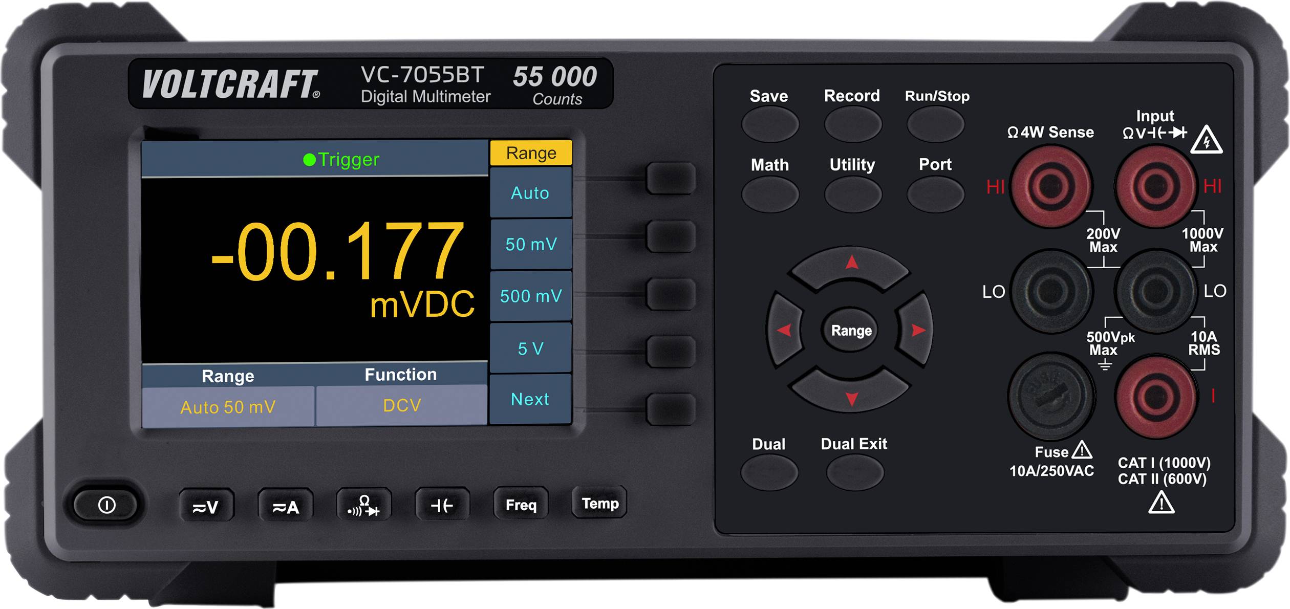 Digitální multimetr Voltcraft VC-7055BT s displejem zobrazujícím '-0,177 mVDC', několika tlačítky a přípojkami.