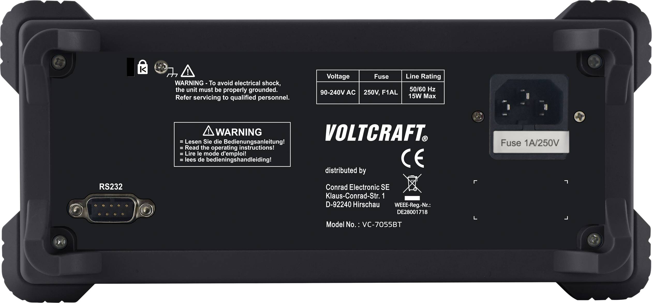 Zadní strana elektronického zařízení společnosti Voltcraft s možnostmi připojení, výstražnými upozorněními a technickými specifikacemi.