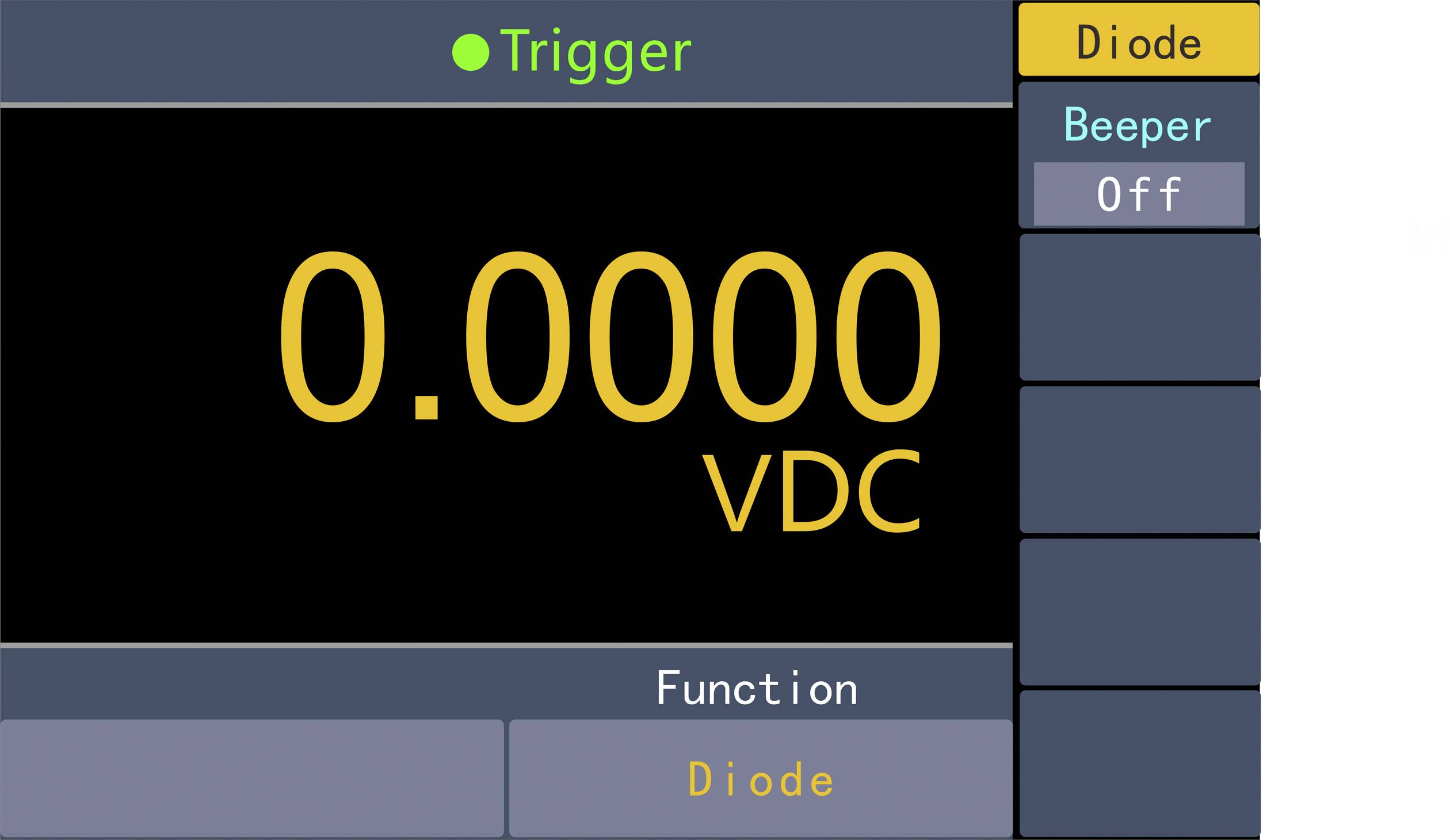 'Trigger' a 'Dioda' jsou vybrány. Display ukazuje '0.0000 VDC'. 'Bzučák' je nastaven na 'Vypnuto'. Funkční indikace: 'Dioda'.