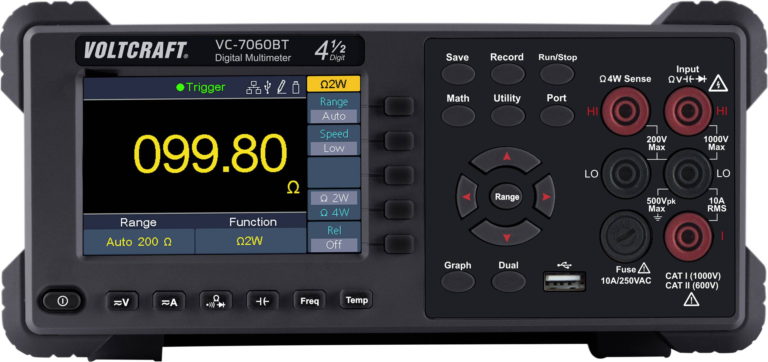 Digitální multimetr Voltcraft VC-7060BT s displejem, tlačítky a vstupními zdířkami. Na displeji je zobrazena naměřená hodnota '099.80'.