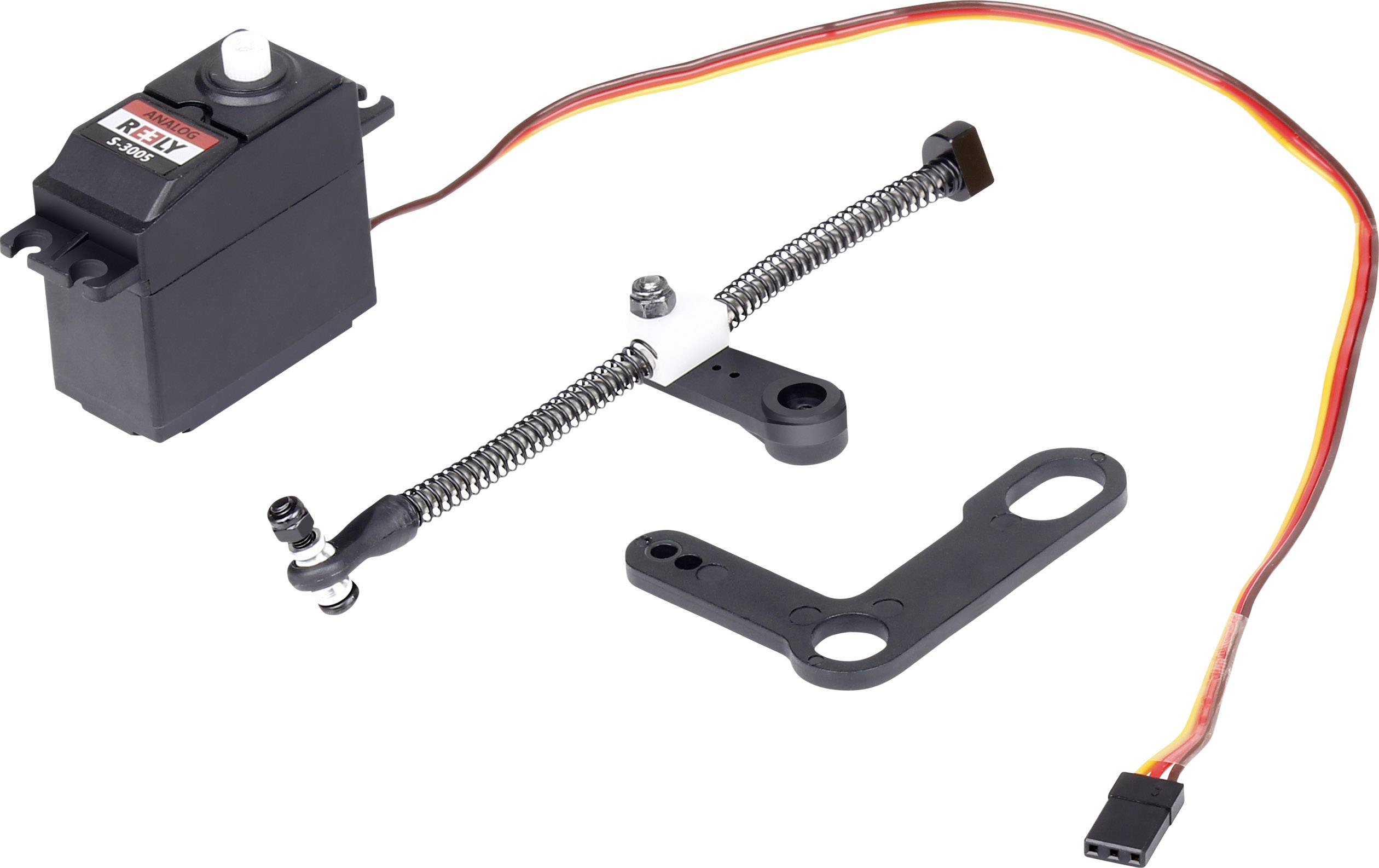 RC servo s příslušenstvím včetně pružin, držáku a kabelů. Vhodné pro modelářské aplikace.