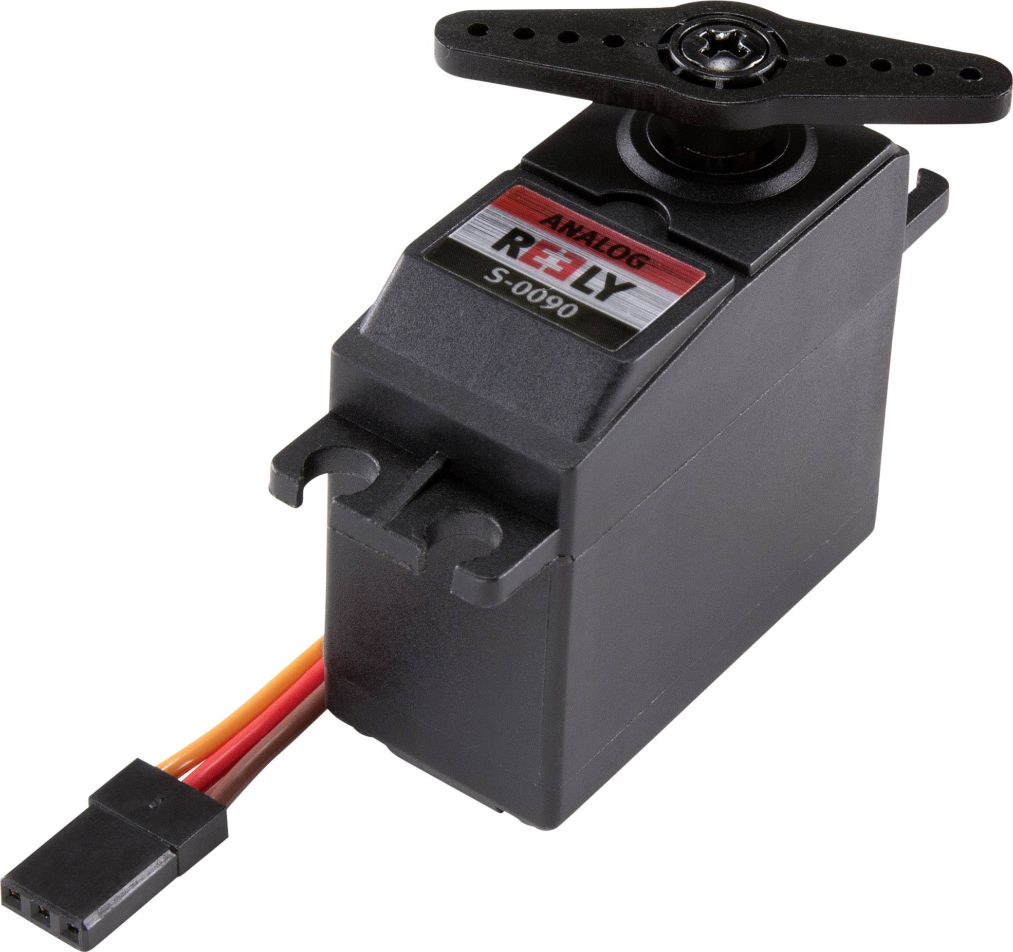 Černý analogový servo motor značky Reely, model S-0090, se třemi připojovacími kabely. Vhodný pro modelářské aplikace.