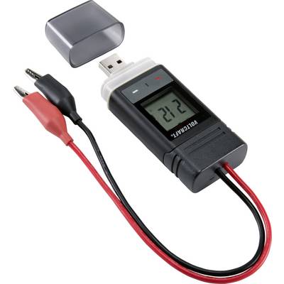 Datalogger s USB zástrčkou a LCD displejem zobrazuje '21.2'. Jsou připojeny dva kabely. Vhodný pro sledování teploty.