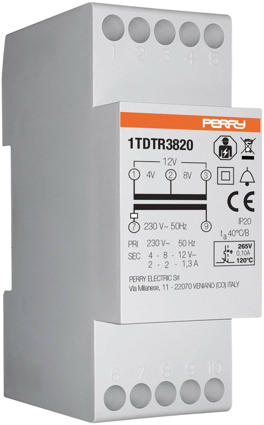 Šedý elektrický transformátor s připojovacími svorkami. Štítek zobrazuje modelové číslo '1TDTR3820' a technické specifikace.