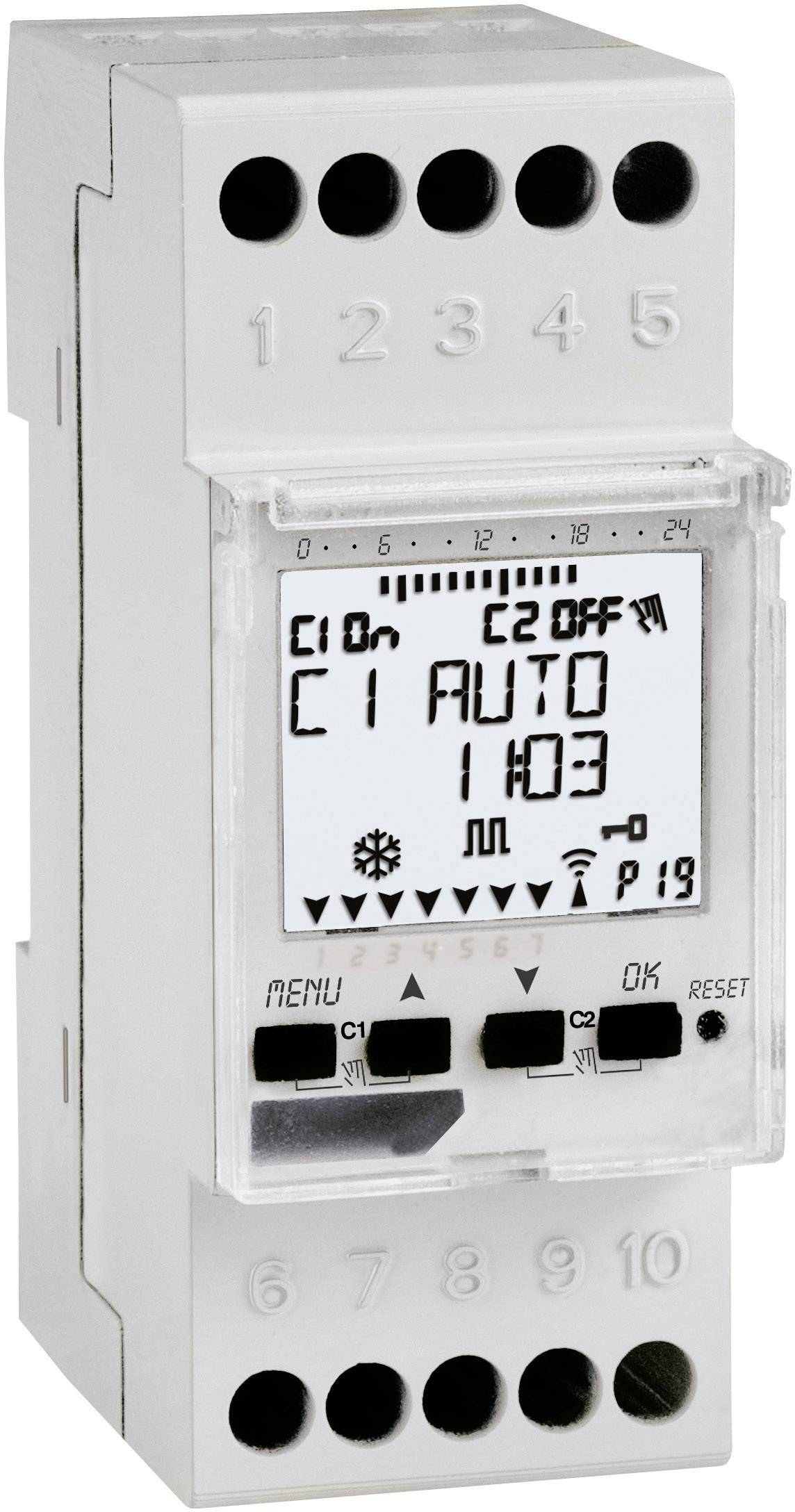 Elektronický regulátor topení s digitálním displejem. Zobrazuje 'C1 AUTO 11:03'. Funkce pro automatický, ruční provoz a komunikaci.