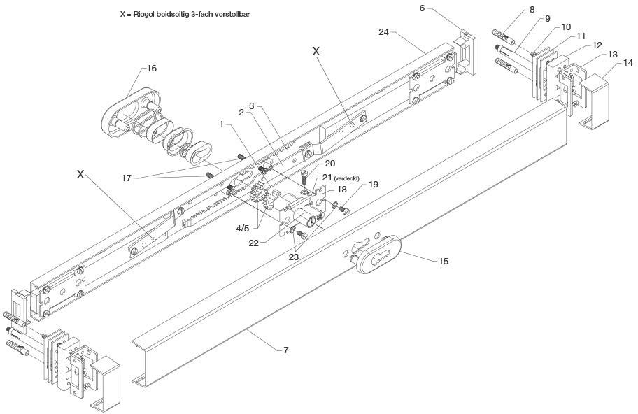 Diagram zámkového systému dveří s očíslovanými díly. Hlavní komponenty zahrnují zámací mechanismus, páku a seřizovací prvky.