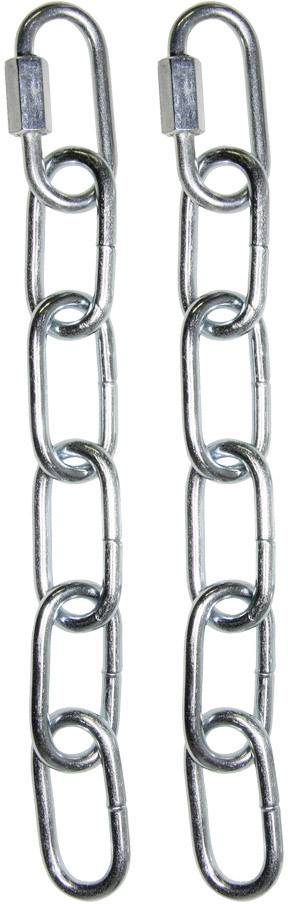 Dvě vertikální kovové řetězy se shodným, oválným článkováním, vzájemně propojené obdélníkovými prvky.