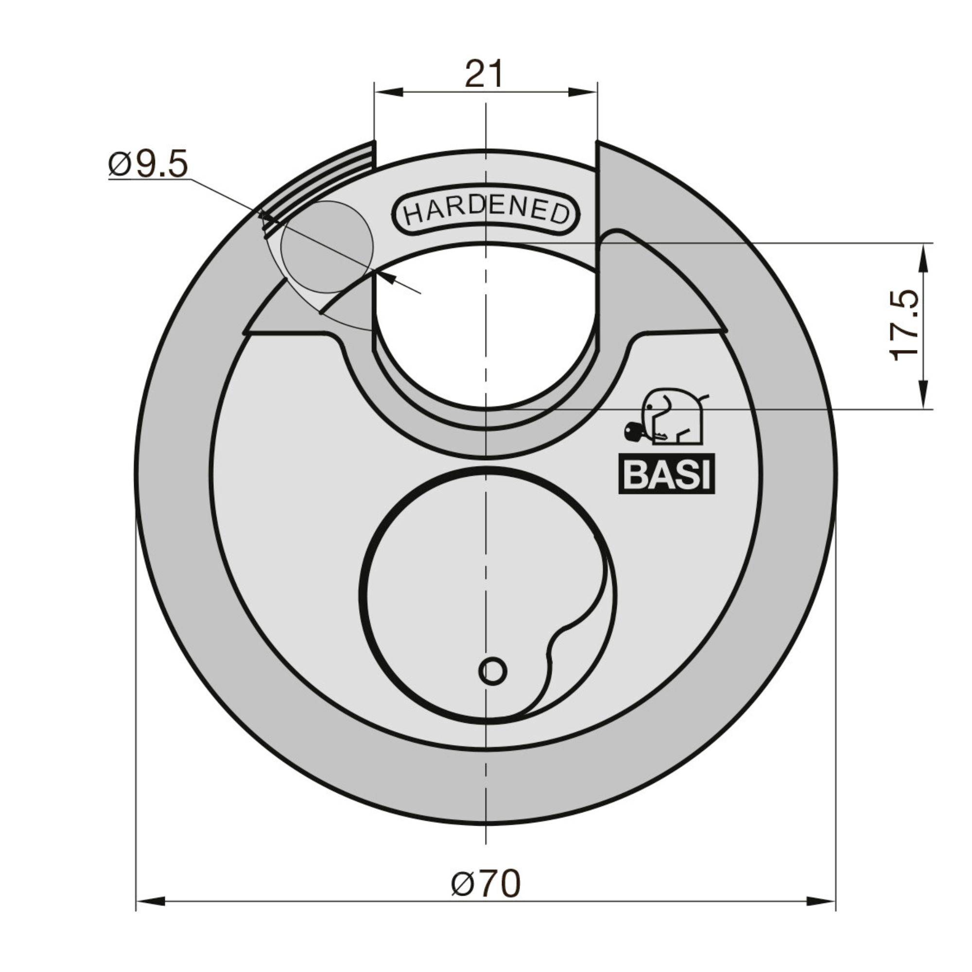 Obrázek kulatého visacího zámku značky BASI s rozměry: průměr 70 mm, šířka nahoře 21 mm, boční strany 9,5 mm a 17,5 mm.
