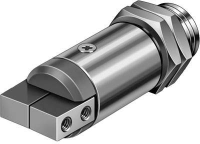 Kovový válec se šroubovým uzávěrem a obdélníkovitou hlavou, pravděpodobně součást mechanického nebo hydraulického systému.