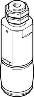 Černobílý technický výkres válcového dílu se šestihranným šroubením nahoře. Pravděpodobně ventil nebo senzor.