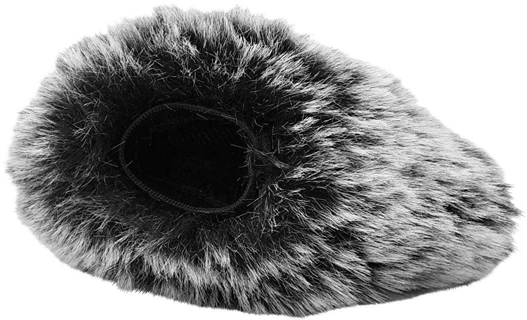 Černý a šedý protivětrný kryt mikrofonu, který redukuje okolní hluk.