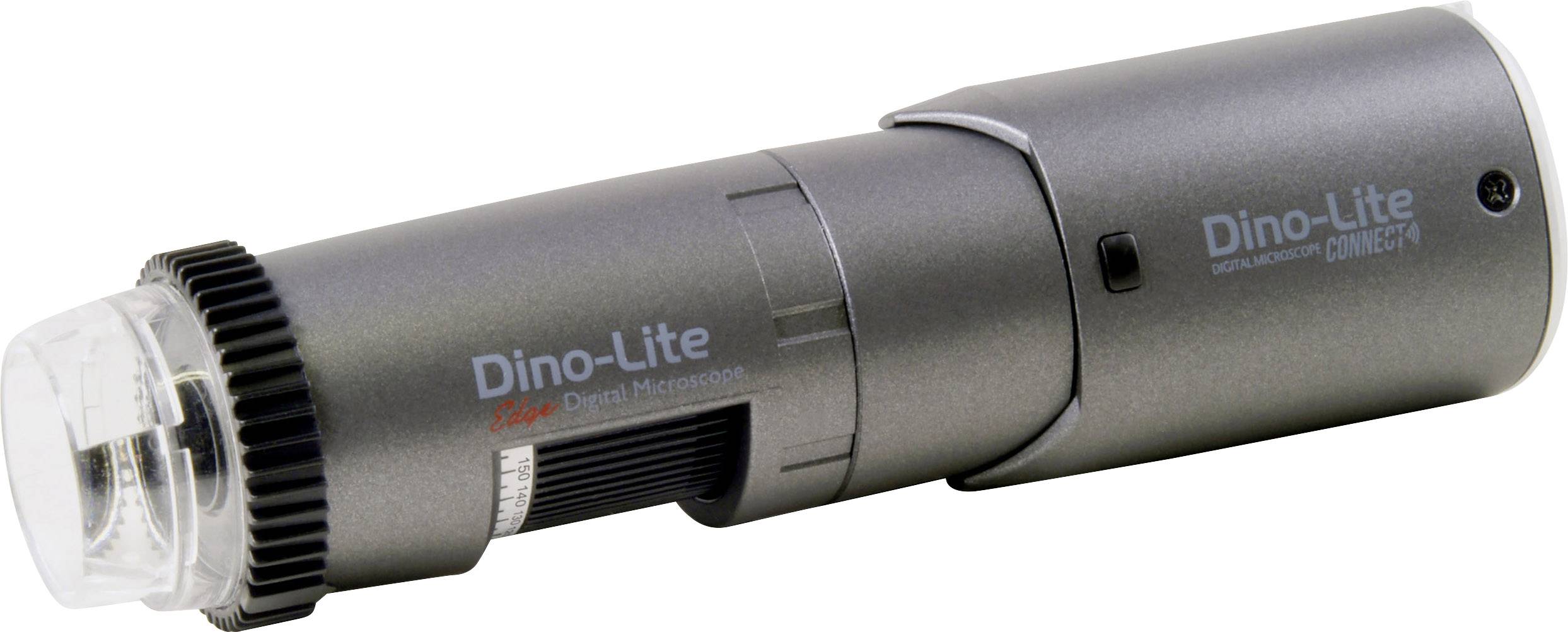 Digitální mikroskop 'Dino-Lite Edge'. Kompaktní, válcový design v kovovém pouzdře, vhodný pro přesné zkoumání detailů.