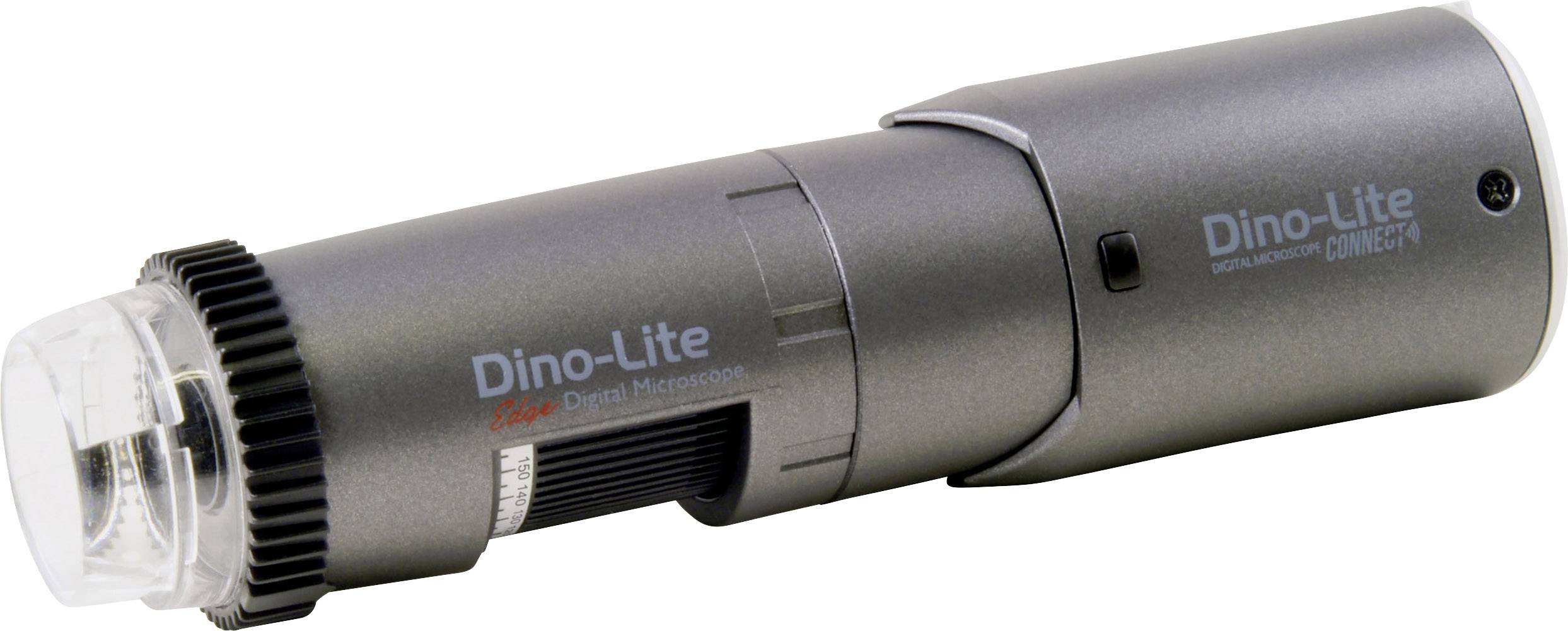 Přenosný ruční mikroskop Dino-Lite s válcovitým tvarem a stříbrnou barvou. Ideální pro detailní zvětšení.