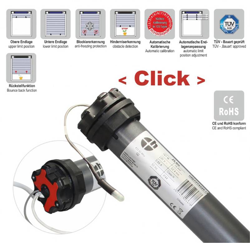 Elektrický motor pro rolety s technickými funkcemi. Nahoře symboly funkcí jako je detekce překážek a značka TÜV. Text 'Click' ukazuje pokyn k ovládání.
