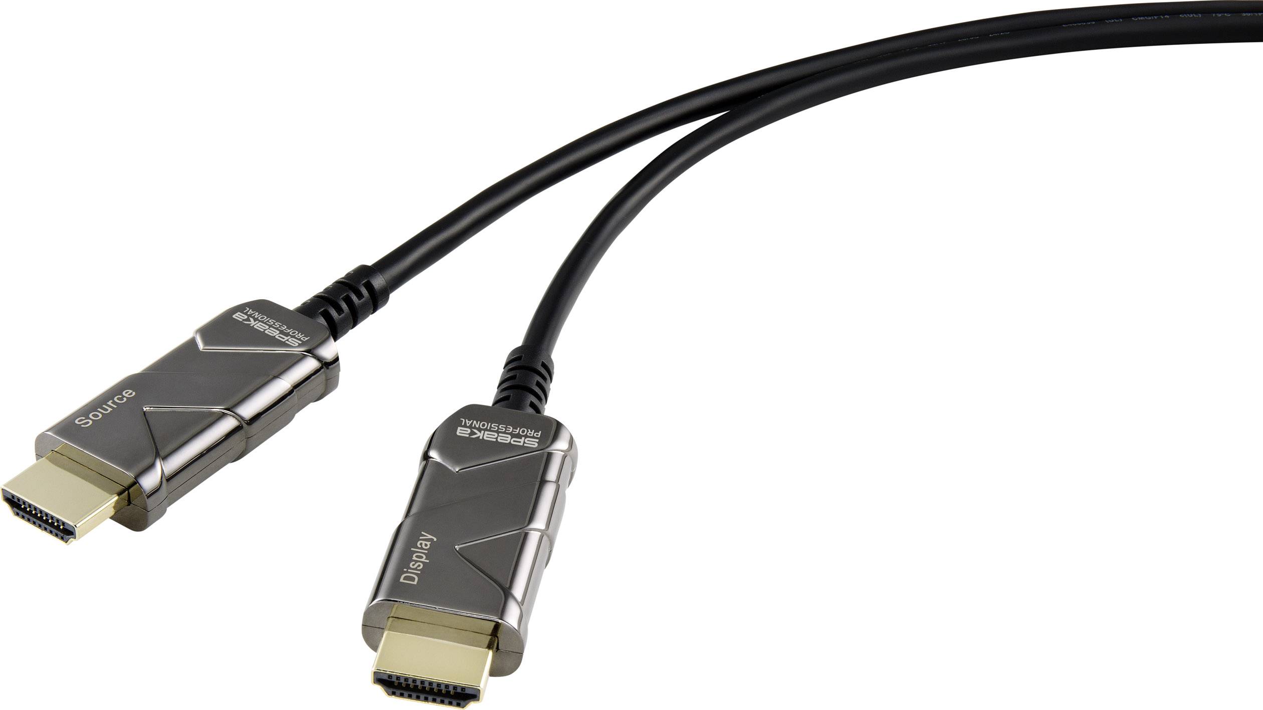 Dva HDMI konektory blízko kamery. Jeden je označen jako "Source" a druhý jako "Display". Černé kabely je spojují.