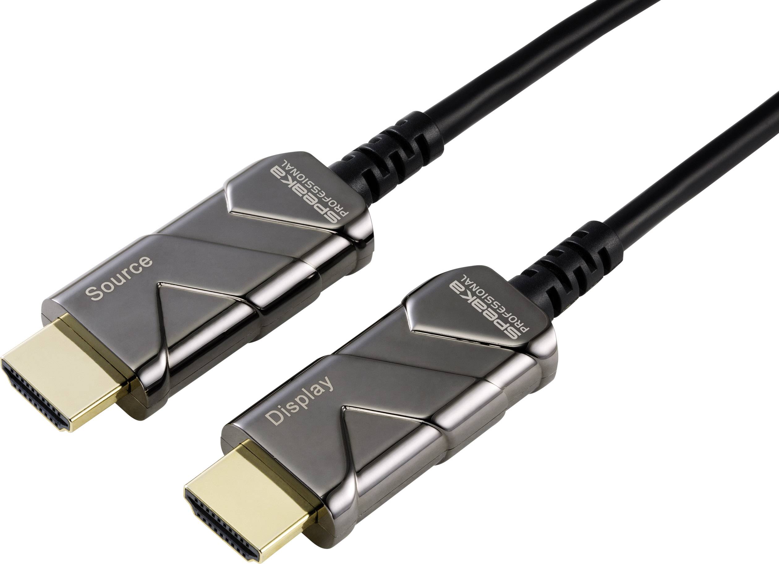"Dva HDMI kabely s etiketami „Source" a „Display". Oba jsou kovové a umístěné vedle sebe."
