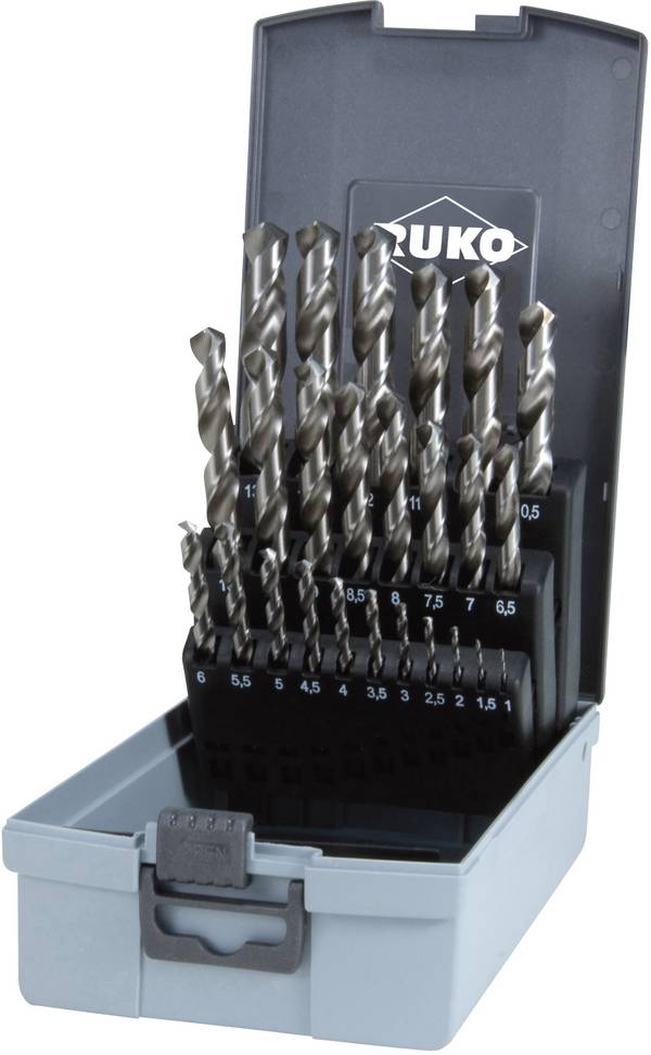 RUKO 214215RO HSS-G sada spirálových vrtáku do kovu 25dílná 1 mm, 1.5 mm, 2 mm, 2.5 mm, 3 mm, 3.5 mm, 4 mm, 4.5 mm, 5 mm, 5.5 mm, 6 mm, 6.5 mm, 7 mm, 7.5 mm, 8 mm, 8.5 mm, 9 mm, 9.5 mm, 10 mm, 10.5 mm, 11 mm, 11.5 mm, 12 mm, 12.5 mm, 13 mm DIN 338 válcová stopka 1 sada
