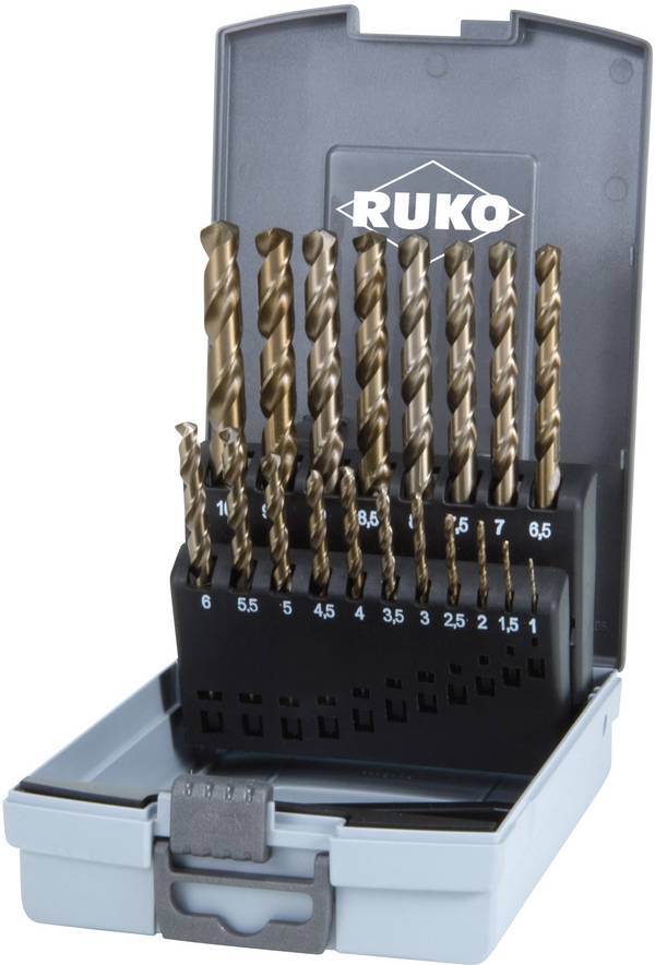 RUKO 215214RO HSSE-Co 5 sada spirálových vrtáku do kovu 19dílná 1 mm, 1.5 mm, 2 mm, 2.5 mm, 3 mm, 3.5 mm, 4 mm, 4.5 mm, 5 mm, 5.5 mm, 6 mm, 6.5 mm, 7 mm, 7.5 mm, 8 mm, 8.5 mm, 9 mm, 9.5 mm, 10 mm DIN 338 válcová stopka 1 sada
