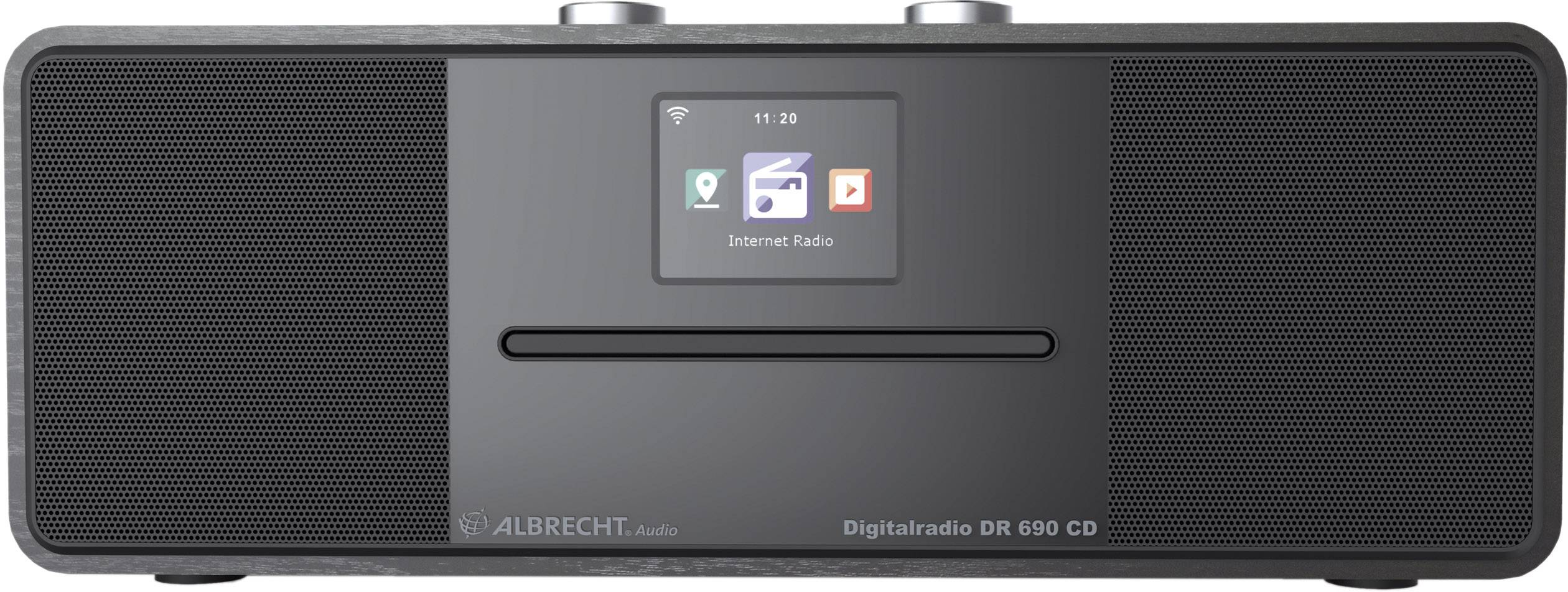 Digitální rádio s pravoúhlým, moderním designem; displej zobrazuje 'Internetové rádio'; černé reproduktory vlevo a vpravo.