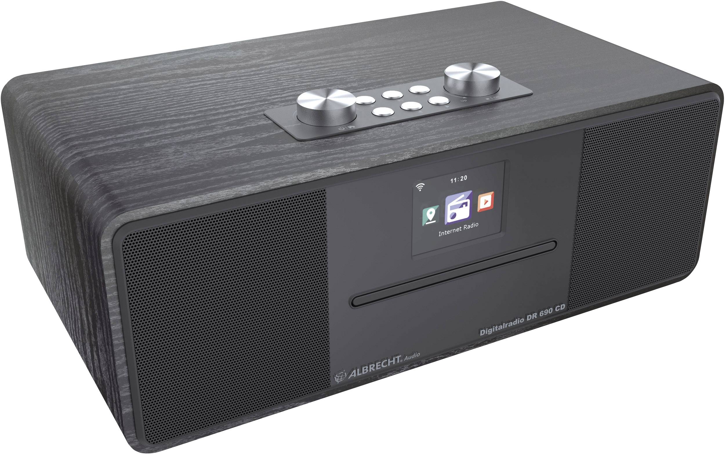Černé digitální rádio s designem dřeva, centrálním displejem, kulatými ovladači a tlačítky nahoře a CD mechanikou. Hlavní displej zobrazuje 'Internetové rádio'.
