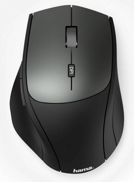 Černá bezdrátová počítačová myš od Hama se středním kolečkem a tlačítkem DPI. Ergonomický design, vhodný pro praváky.