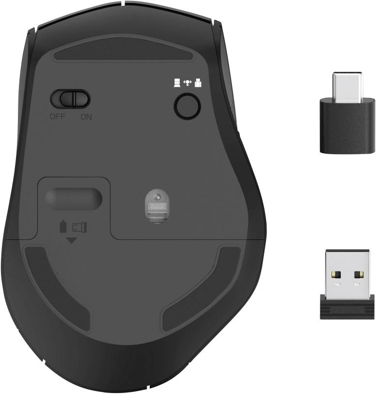 Obrázek zobrazuje spodní stranu černé bezdrátové myši s vypínačem a dvěma USB přijímači, konkrétně USB-C a USB-A.
