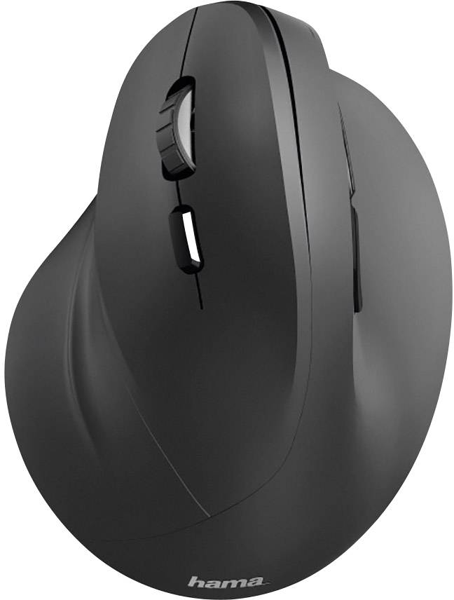 'Černá, ergonomicky tvarovaná bezdrátová počítačová myš s kolečkem pro posun a dvěma tlačítky, vhodná pro pohodlnou polohu ruky.'