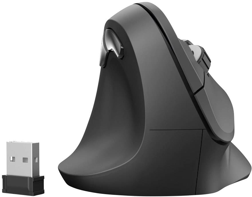 Vertikální ergonomická myš s USB donglem vedle, navržená pro pohodlnou práci a snížení namáhání zápěstí.