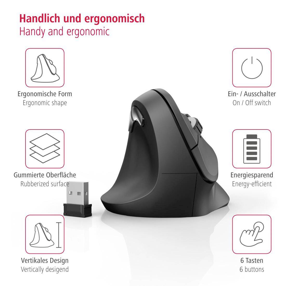 Ergonomická, bezdrátová, vertikální myš s šesti tlačítky a gumovaným povrchem. Úsporně se zapíná/vypíná.