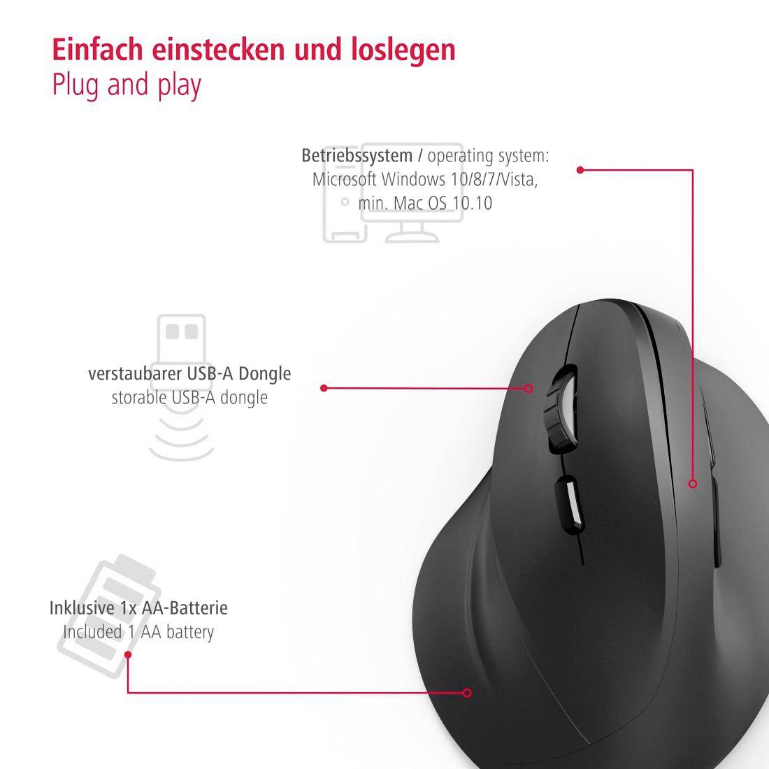 Ergonomická bezdrátová myš s USB donglem Plug-and-Play. Kompatibilní s Windows a Mac. Vyžaduje jednu AA baterii.