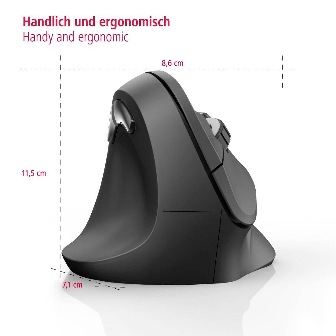 Ergonomická vertikální myš v černé barvě, rozměry: 11,5 cm vysoká, 8,6 cm široká, 7,1 cm hluboká. Popis: 'Praktická a ergonomická'.
