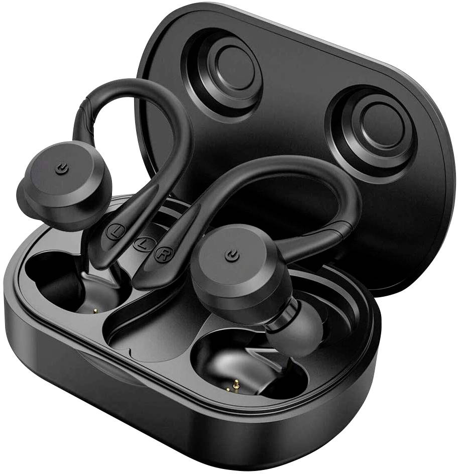 Černá bezdrátová sluchátka do uší v otevřeném nabíjecím pouzdře. Ergonomický design s flexibilními oblouky do uší.