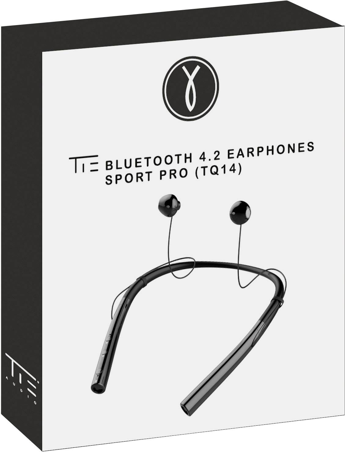 Balení 'TIE Bluetooth 4.2 Sportovních sluchátek Pro (TQ14)' s vyobrazením černých bezdrátových sportovních sluchátek na bílém pozadí.