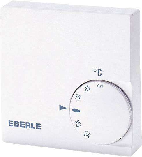 Termostat od Eberle s voličem teploty, zobrazuje stupnici Celsia od 5 do 30 stupňů.