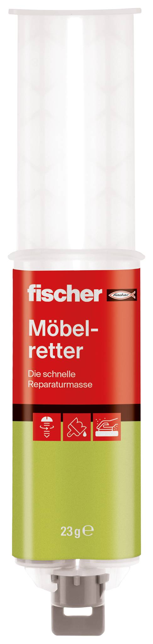 Pasta na opravu Fischer Möbel-retter, tuba s červeným a světlezeleným obalem, označená „Die schnelle Reparaturmasse", 23 g.
