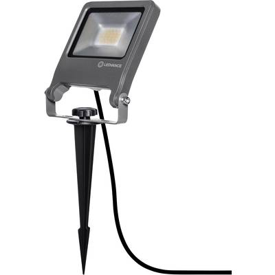LED zahradní reflektor na zemním trnu s kabelem, určený pro venkovní osvětlení. Šedé pouzdro, robustní design.