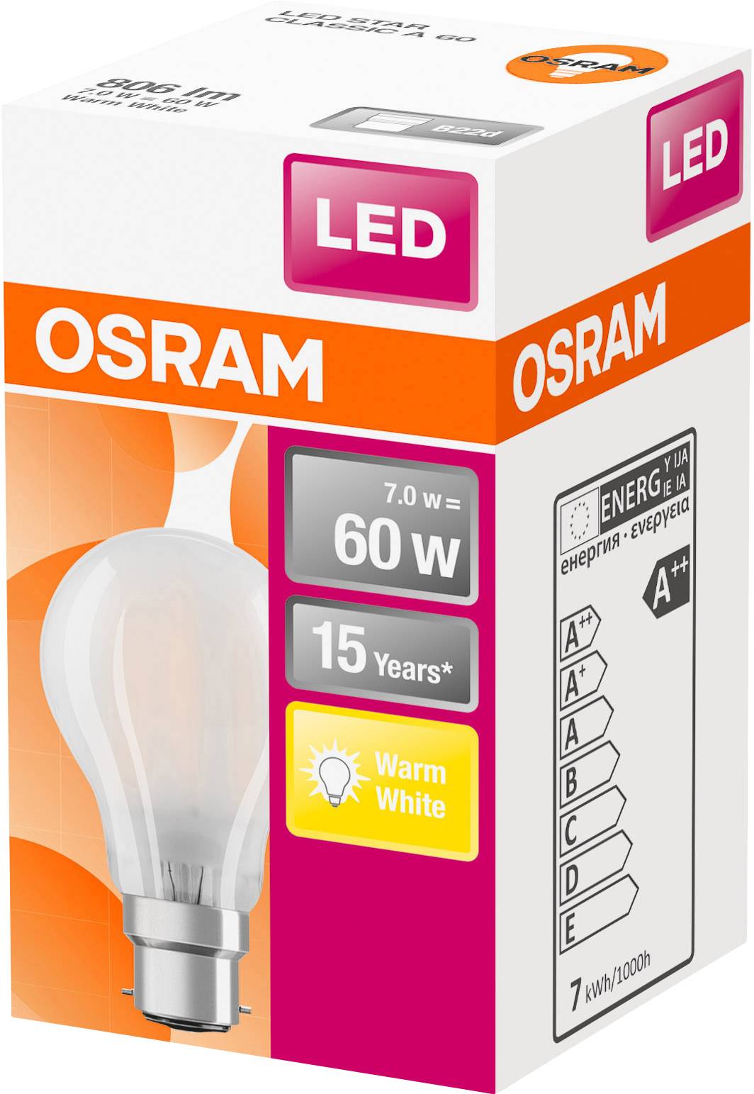 Obal LED žárovky od OSRAMu, zobrazující energetickou třídu A++, příkon 7,0 W, srovnatelný s 60 W žárovkou, teplé bílé světlo, životnost 15 let.