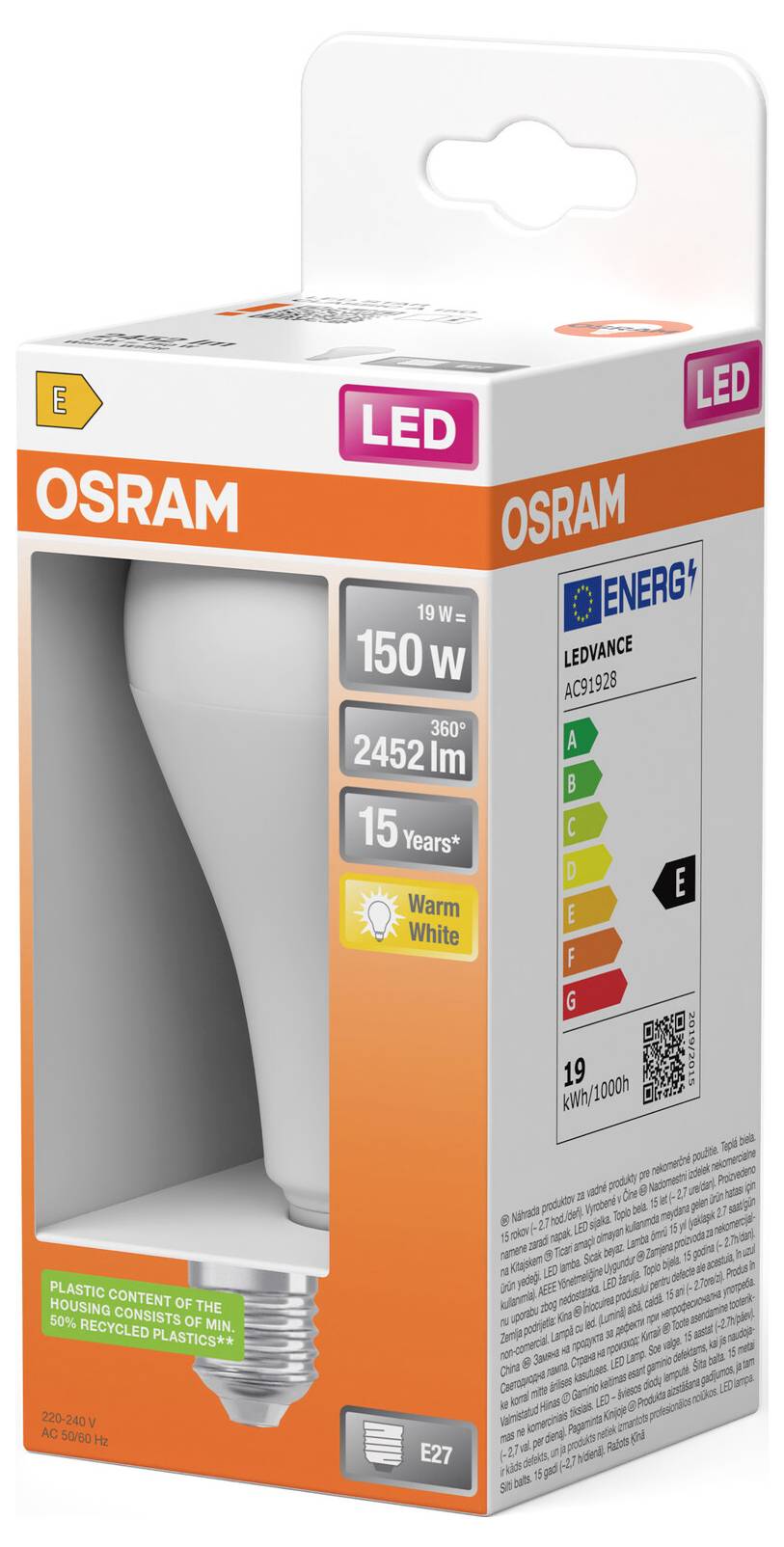 Krabice LED žárovky OSRAM, označená ekvivalentem 150 W, 2452 lm, 15 let, teplá bílá barva, energetický rating E.