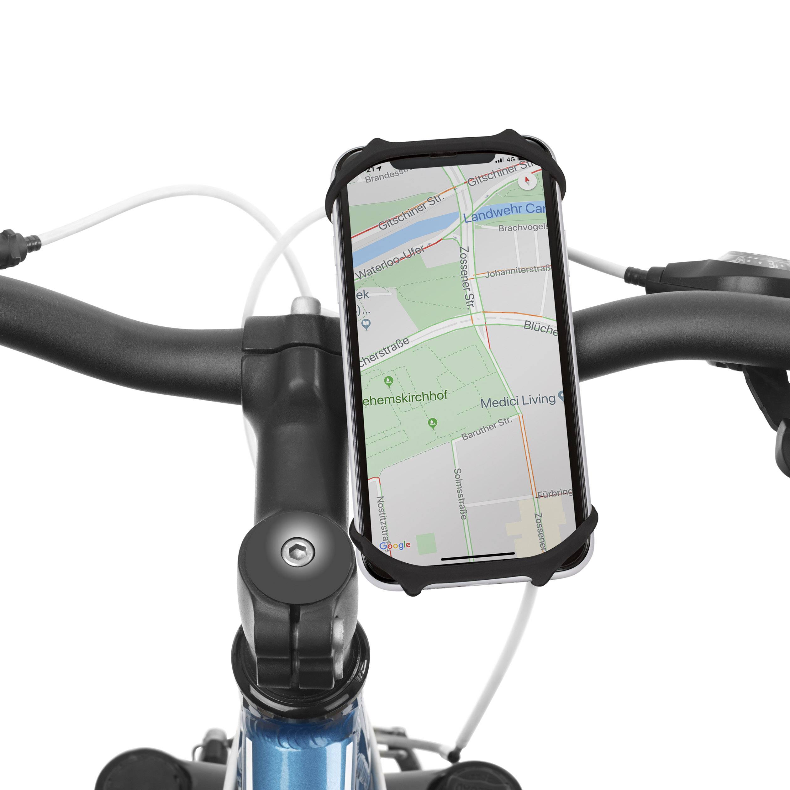 Chytrý telefon zobrazuje mapu na řídítkách jízdního kola. Je viditelné navigační vedení trasy. V pozadí jsou cyklistické brzdy.